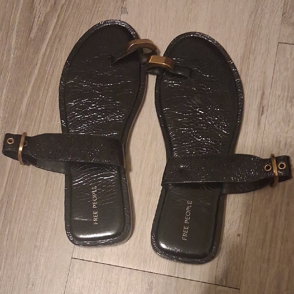 Free People Black Patent Slide Sandals with Gold Accents